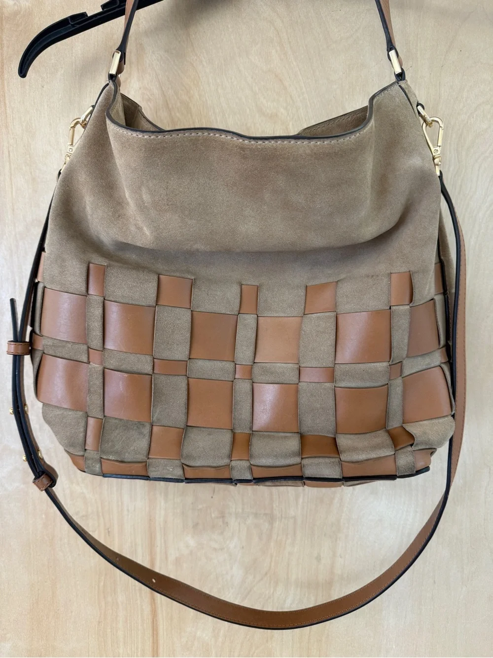 Michael Kors Vivian Large Woven Suede Hobo Bag - Shell / Acorn - NWT